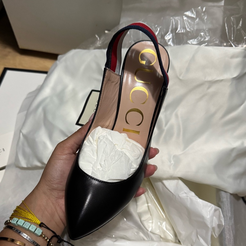 Gucci Black Slingback Heels with Red and Blue Accents